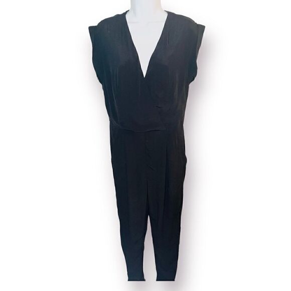 Venus Faux Wrap Jumpsuit Full Length Pants Pockets Black 10 - Picture 1 of 9